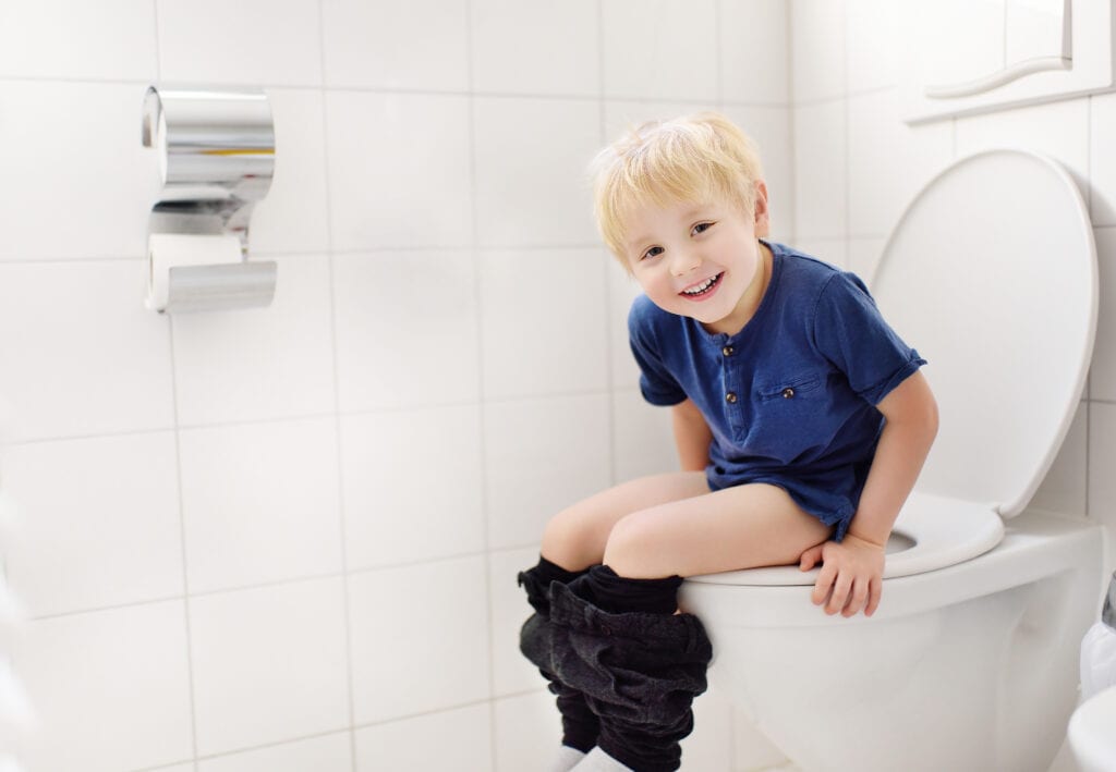 Cute little boy in restroom. Toddler child is training use toilet.